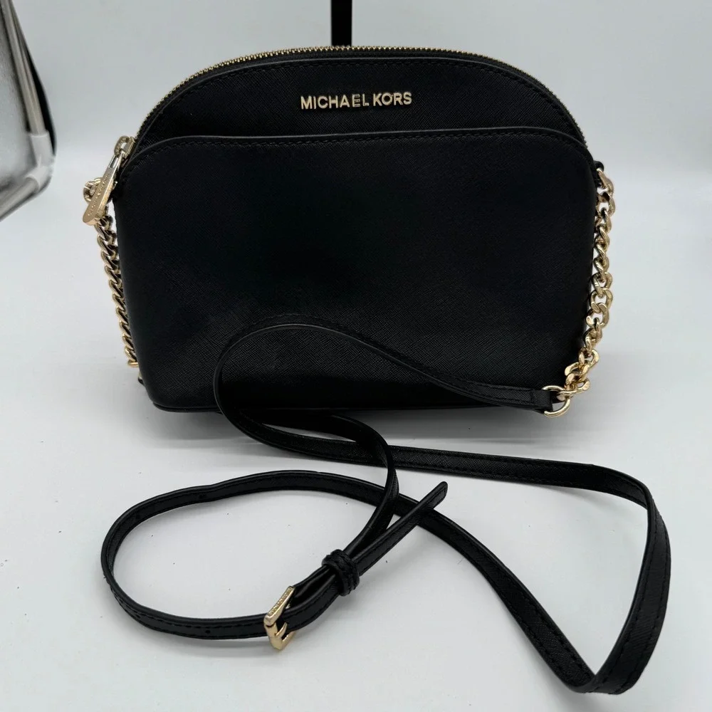 Michael Kors Emmy Black Saffiano Leather Dome Crossbody Bag 9x7 Chain Strap